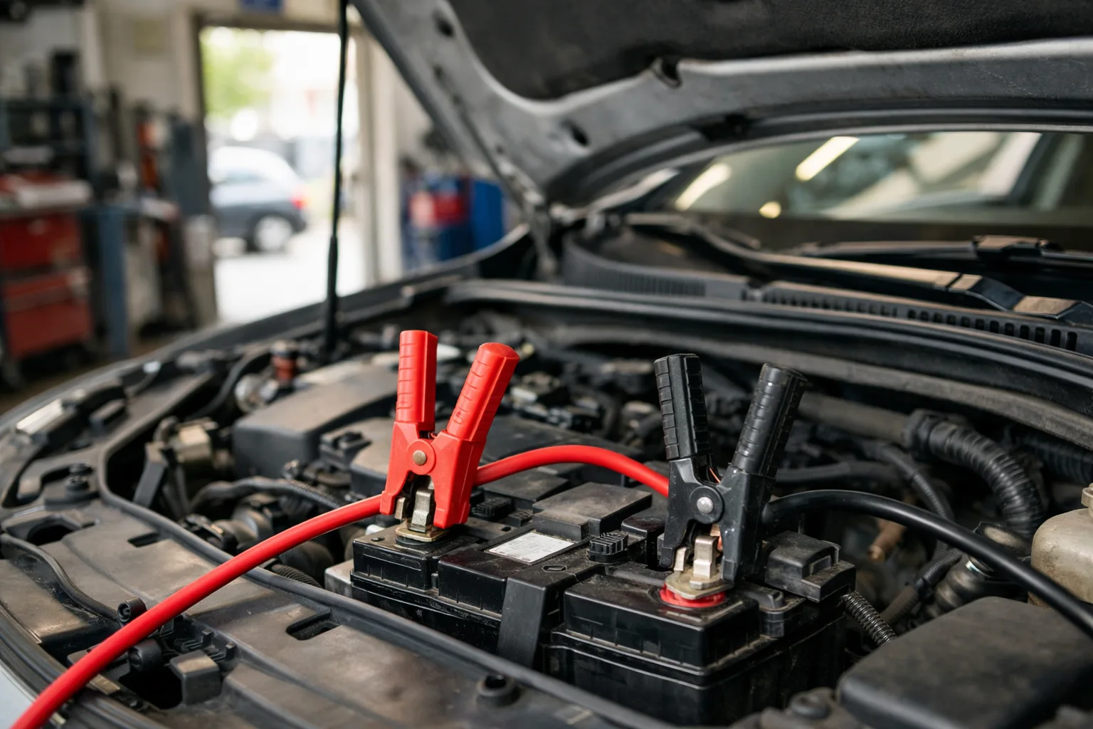 Câbles de démarrage branchés sur la batterie d'une voiture qui ne démarre plus dans un atelier de garage