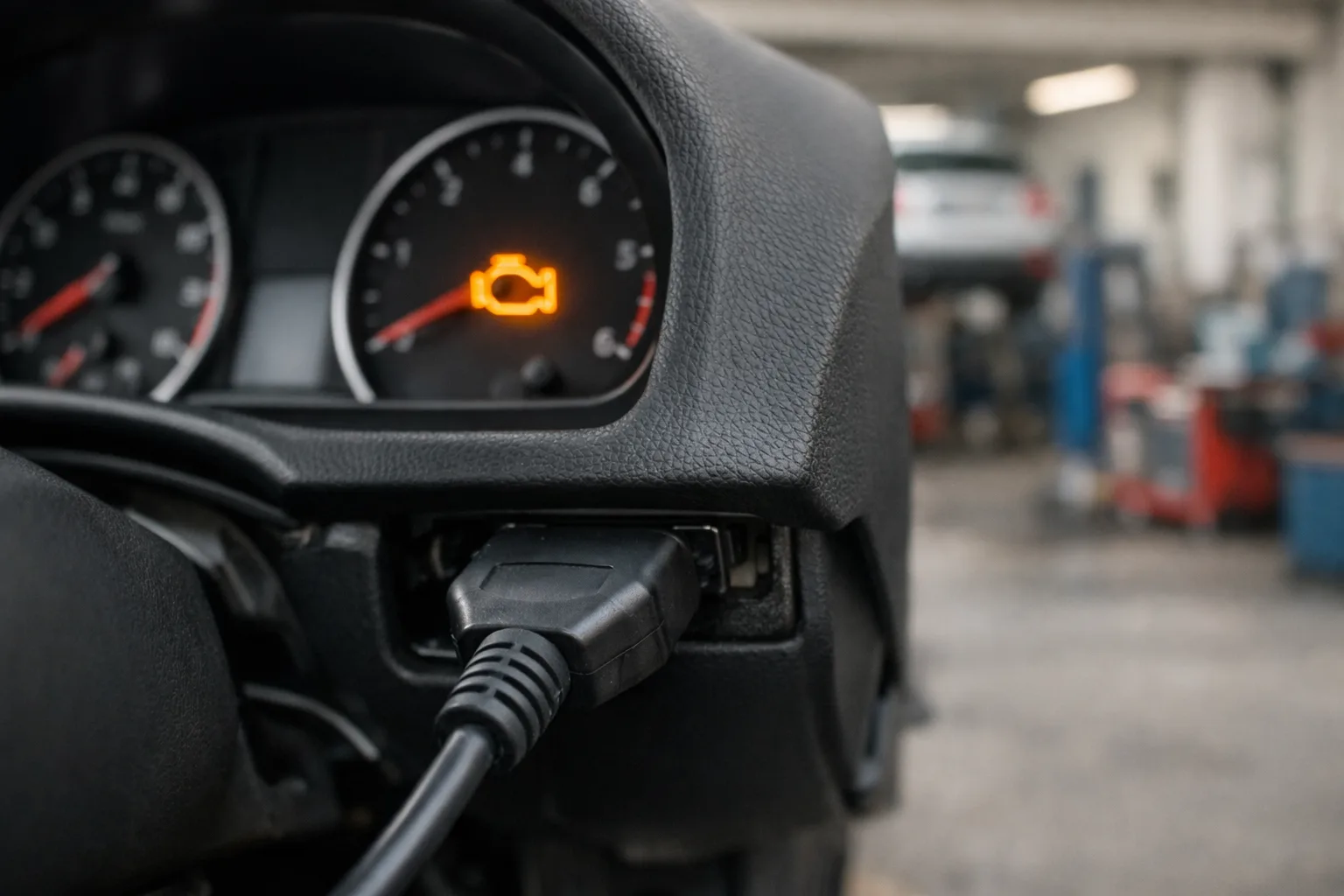 Voyant moteur orange allumé au tableau de bord d'une voiture branchée à une valise de diagnostic en atelier